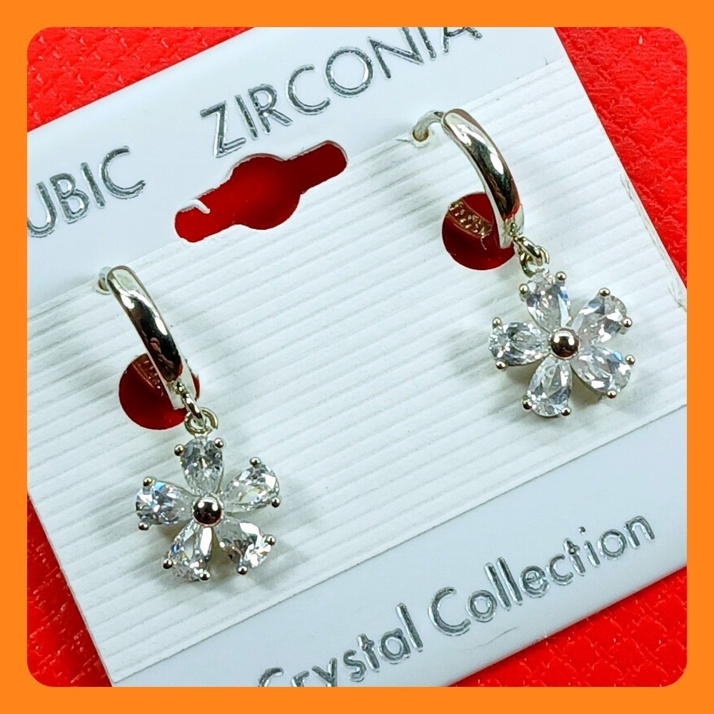 Vintage 1990s Crystal Collection Cubic Zirconia Flower Huggie Hoop‎ Earrings NOS